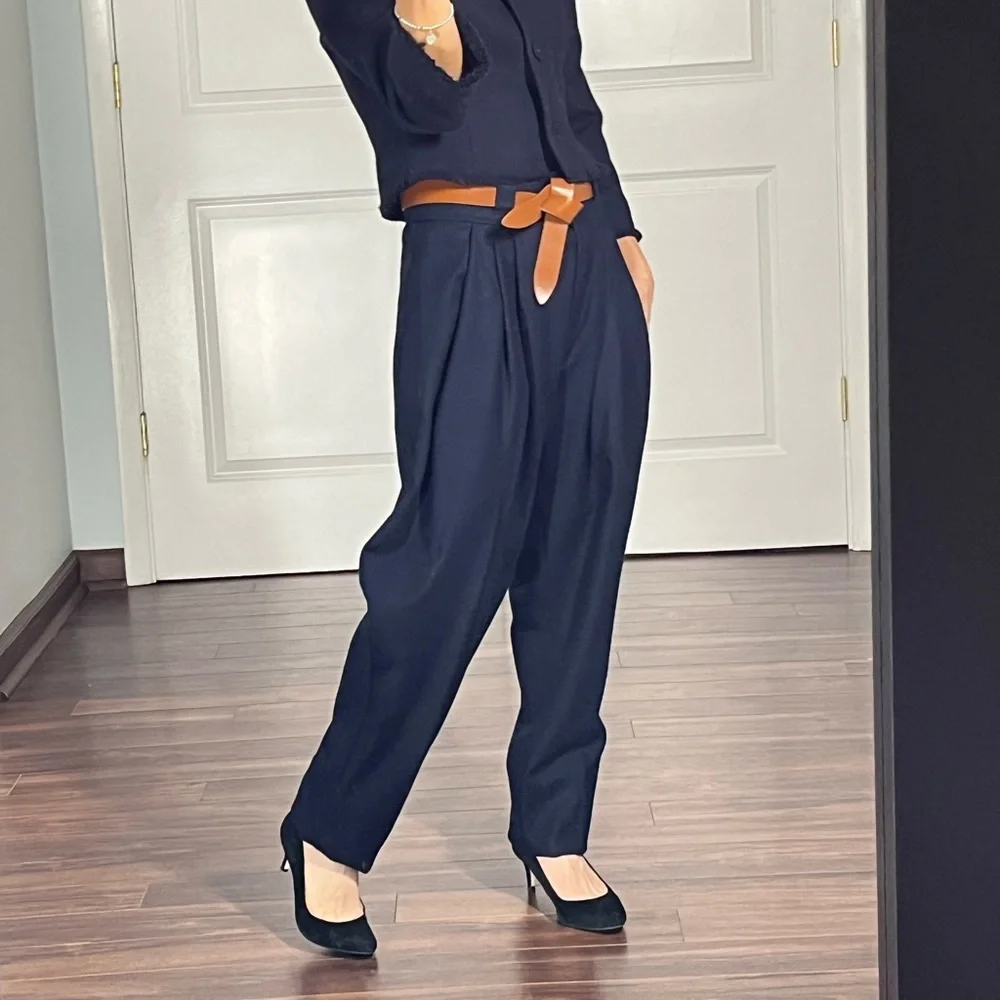 Vintage navy pleated trousers tapered legs - Picture 4 of 11